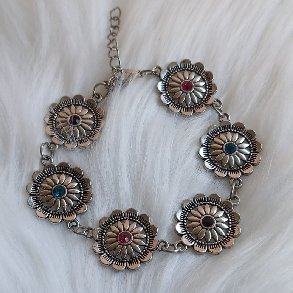 Paparazzi Silver Bracelet with Red and Blue Floral Accents Multicolor